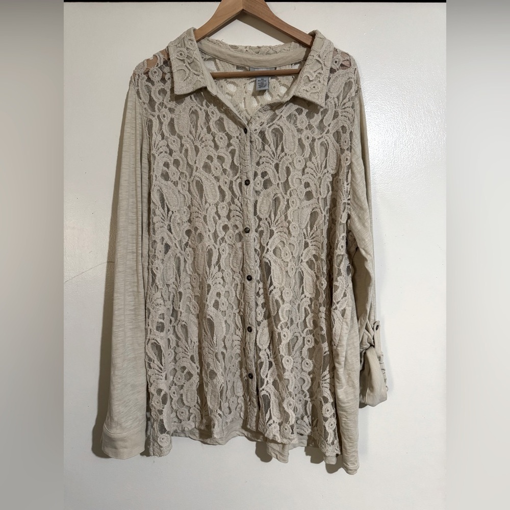 Catherines Beige Lace Button Down Shirt 2X 22/24W